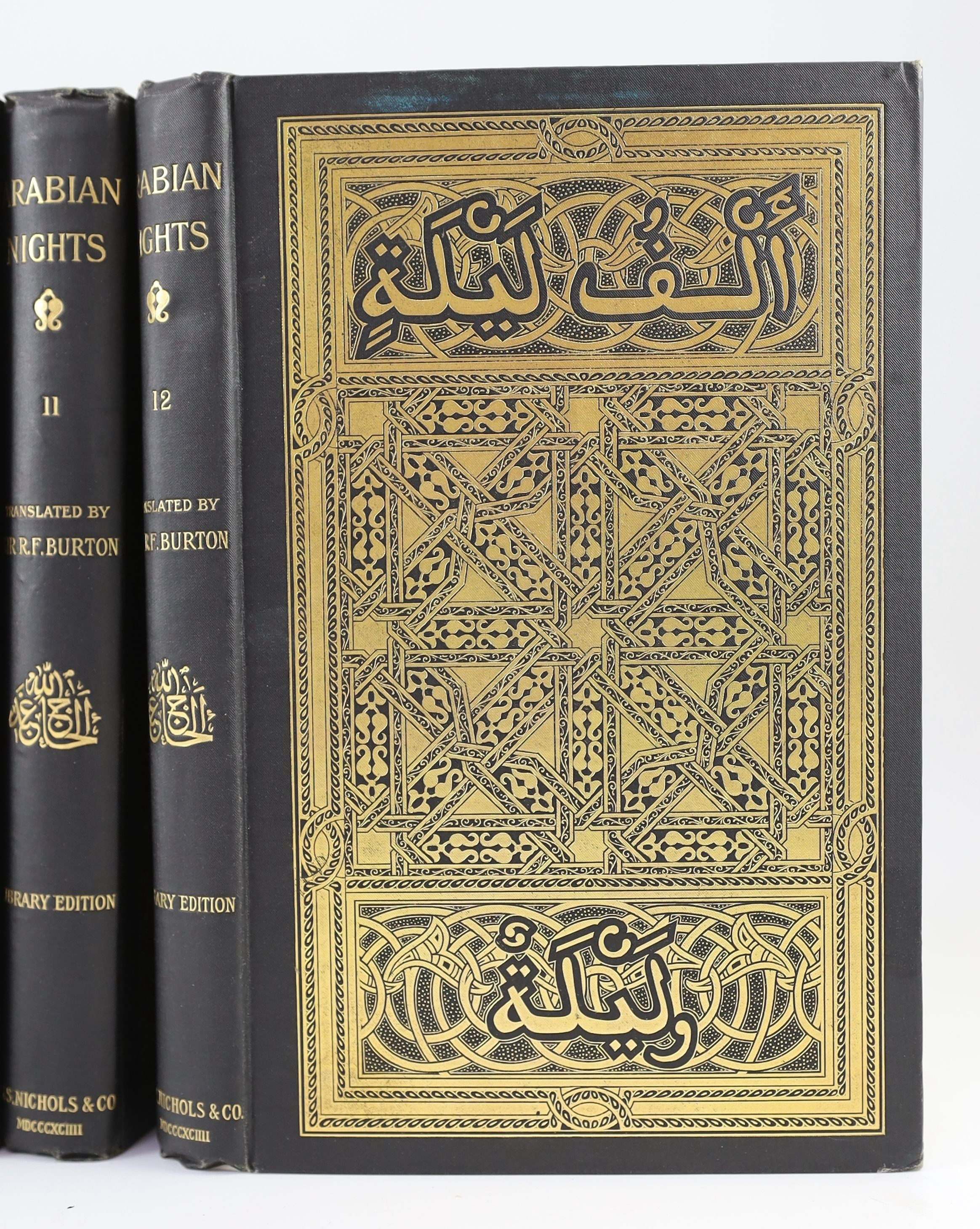 Arabian Nights - The Book of the Thousand Nights and a Night, with Supplemental Nights, Library edition, translated by Sir Richard Burton, 12 vols, 8vo, original cloth, with gilt Arabian design to front boards, contempor